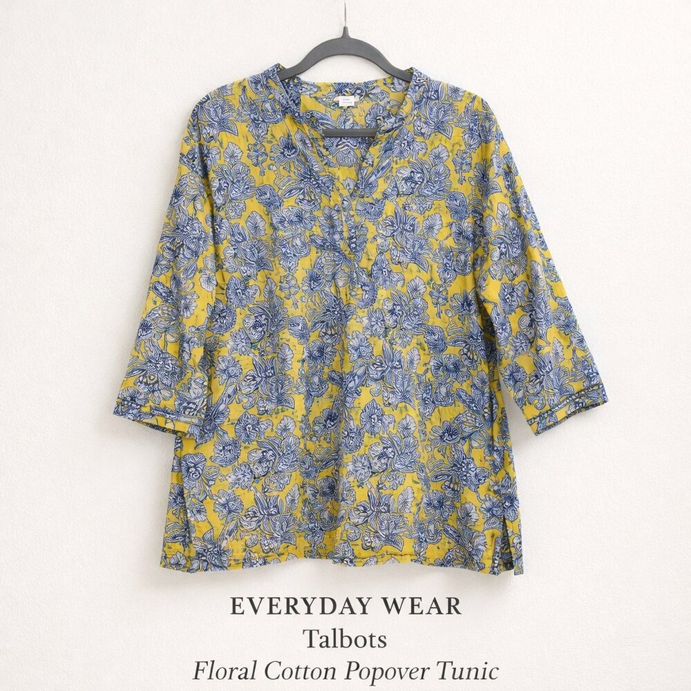 Talbots Yellow Blue Floral Cotton Popover Tunic Blouse Handkerchief Hem 1X